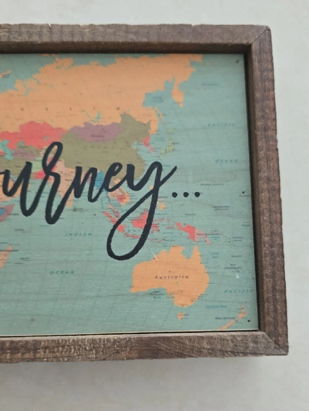 Life's a Journey World Map Wooden Sign - Brown, Blue & Orange